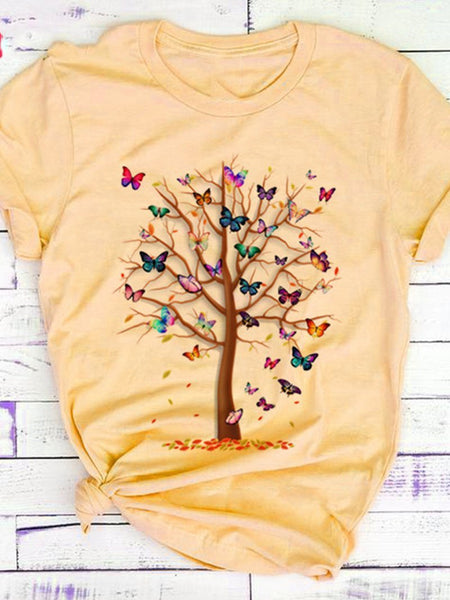 Colorful Butterfly and Tree Pattern Short-sleeved T-shirt