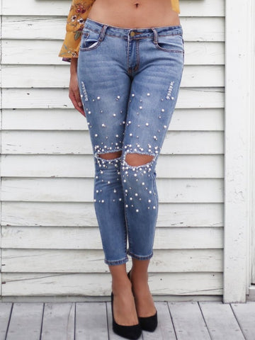 Split Knee Pearl Detail Pencil Denim Jeans